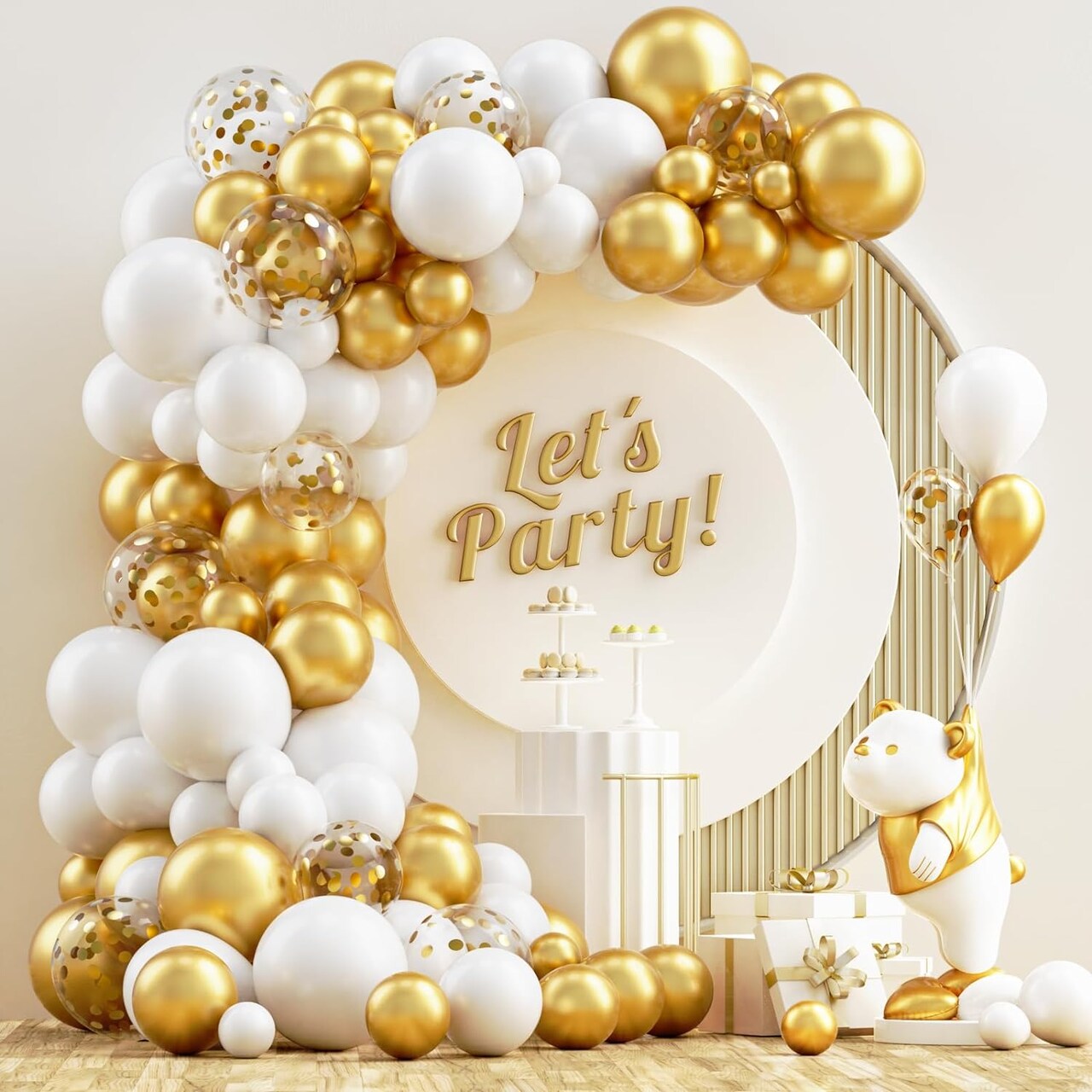 White and Gold Balloons Garland Kit, 120PCS White Metallic Gold Confetti Balloon Arch Kit for Birthday Wedding Engagements Graduation Baby Bridal Shower Anniversary Party Decorations